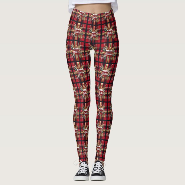 Elegant Red and Gold Festive Plaid  Leggings (Front)