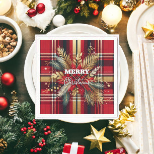 Elegant Red and Gold Festive Plaid Napkins