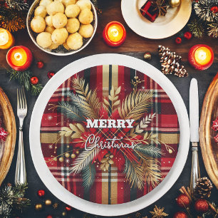 Elegant Red and Gold Festive Plaid Paper Plates