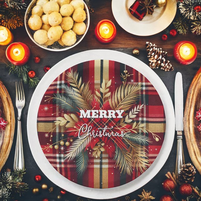 Elegant Red and Gold Festive Plaid  Paper Plates (Creator Uploaded)