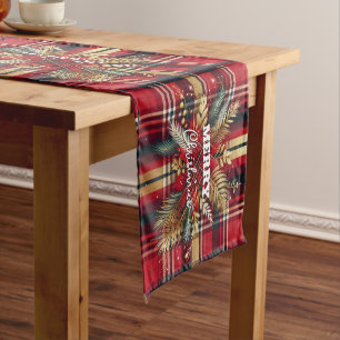 Elegant Red and Gold Festive Plaid Short Table Runner