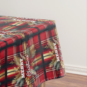 Elegant Red and Gold Festive Plaid Tablecloth
