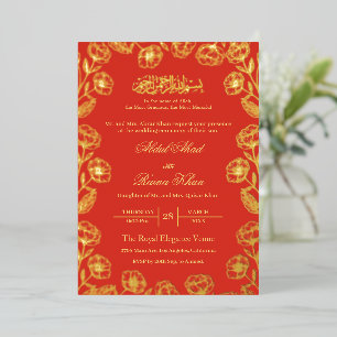 Elegant Red and Gold Floral Islamic Muslim Wedding Foil Invitation