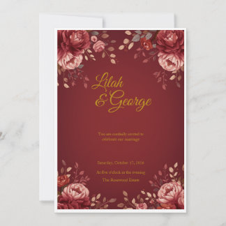 Elegant red and gold floral wedding invitation 