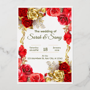 Elegant Red and Gold Floral Wedding Invitation Car Foil Invitation