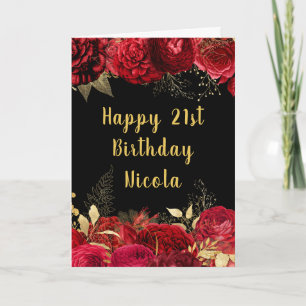 Elegant Red and Gold Flowers Birthday Card