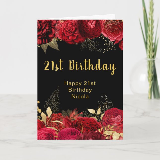 Elegant Red and Gold Flowers Birthday Card (Front)