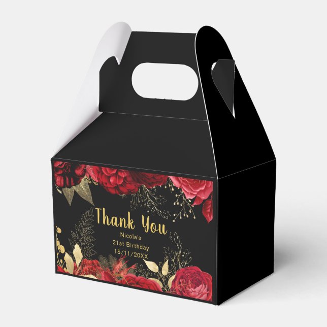 Elegant Red and Gold Flowers Birthday Favor Boxes (Front Side)