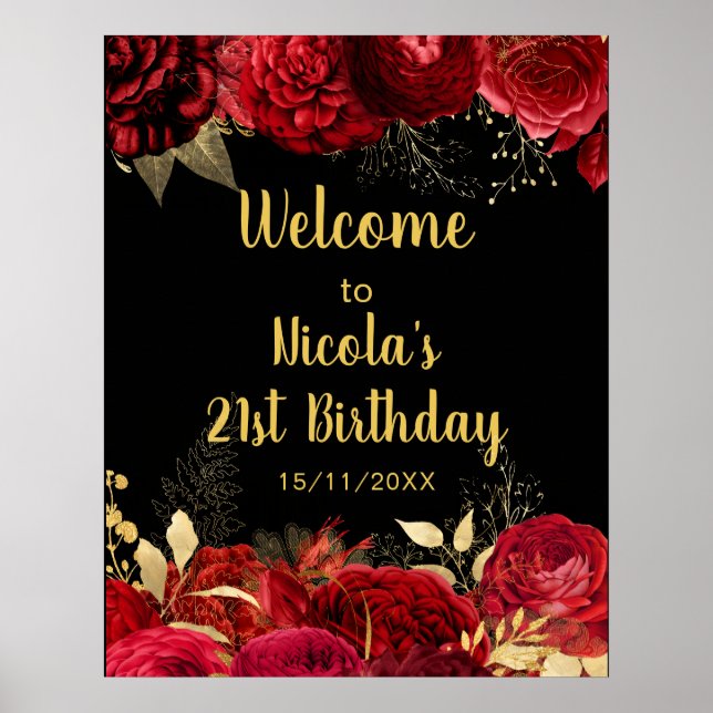 Elegant Red and Gold Flowers Birthday Part Welcome Poster (Front)