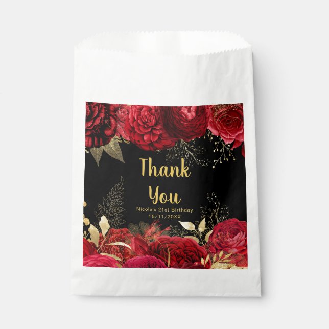 Elegant Red and Gold Flowers Birthday Party Favor Bag (Front)