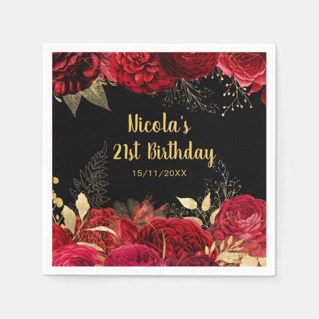 Elegant Red and Gold Flowers Birthday Party Napkins (Front)
