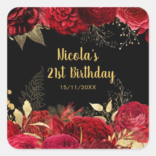 Elegant Red and Gold Flowers Birthday Party Square Sticker (Front)