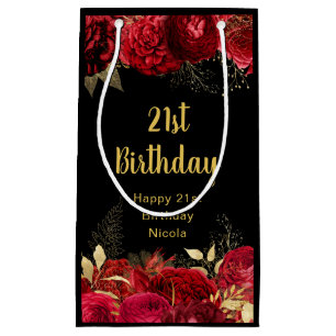 Elegant Red and Gold Flowers Birthday Small Gift Bag