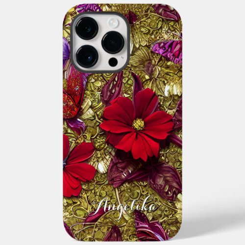 Elegant Red and Gold Flowers Personalized Name Case_Mate iPhone 14 Pro Max Case