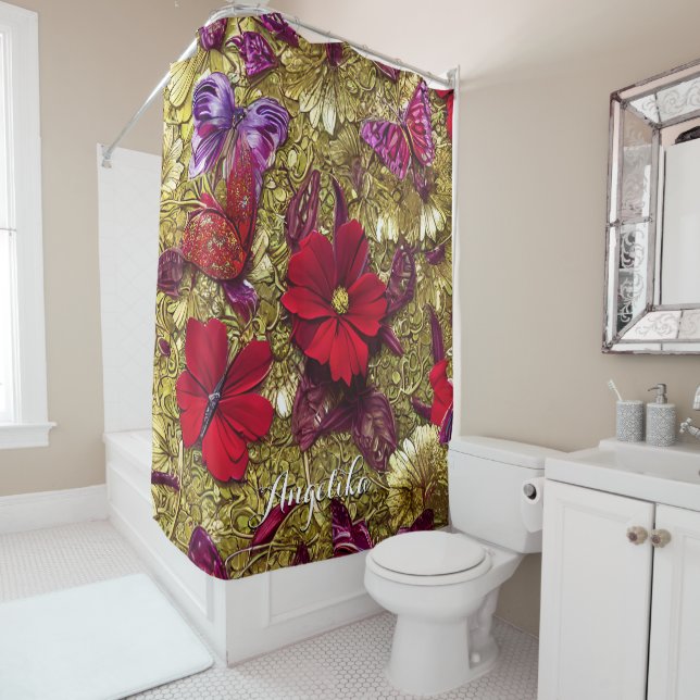 Elegant Red and Gold Flowers Personalized Name Shower Curtain (In Situ)