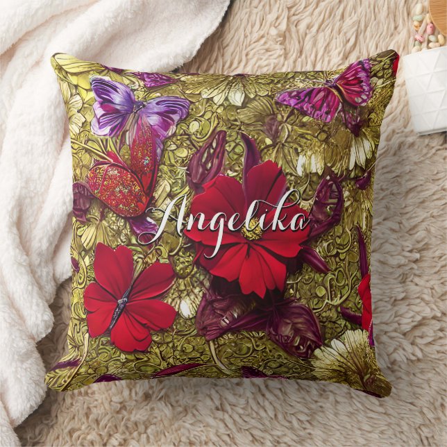 Elegant Red and Gold Flowers Personalized Name Throw Pillow (Blanket)