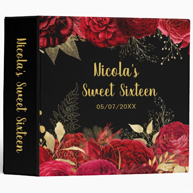 Elegant Red and Gold Flowers Sweet Sixteen  3 Ring Binder (Front/Spine)