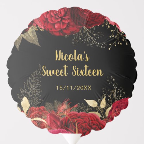 Elegant Red and Gold Flowers Sweet Sixteen Balloon