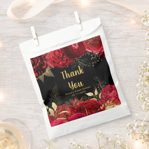 Elegant Red and Gold Flowers Sweet Sixteen Favor Bag
