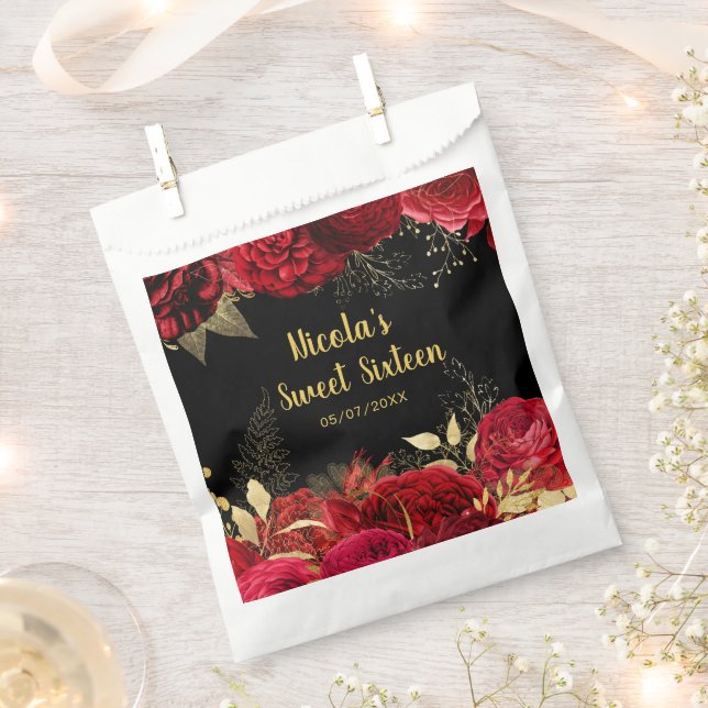Elegant Red and Gold Flowers Sweet Sixteen  Favor Bag (Clipped)