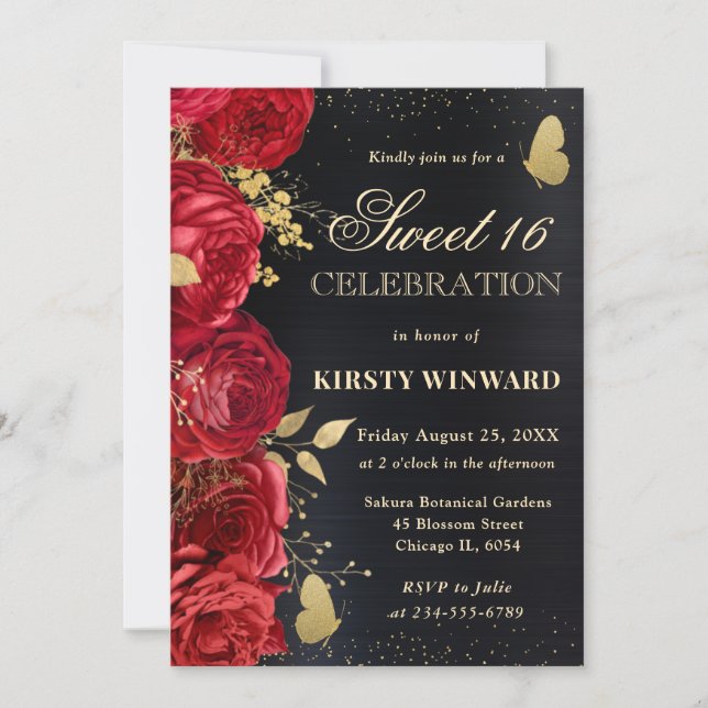 Elegant Red and Gold Flowers Sweet Sixteen Invitation (Front)