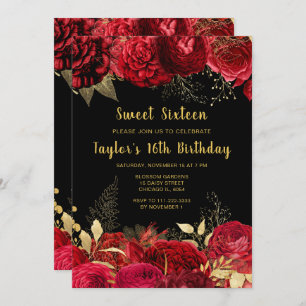 Elegant Red and Gold Flowers Sweet Sixteen Invitation