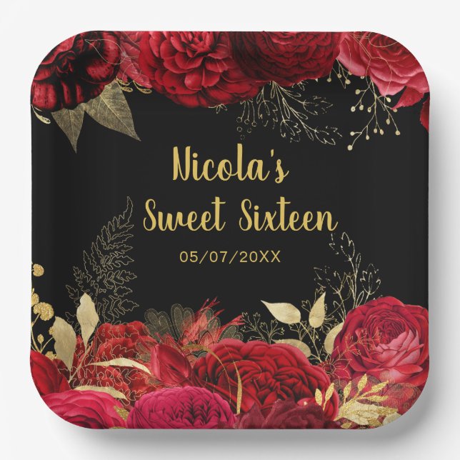 Elegant Red and Gold Flowers Sweet Sixteen  Paper Plates (Front)