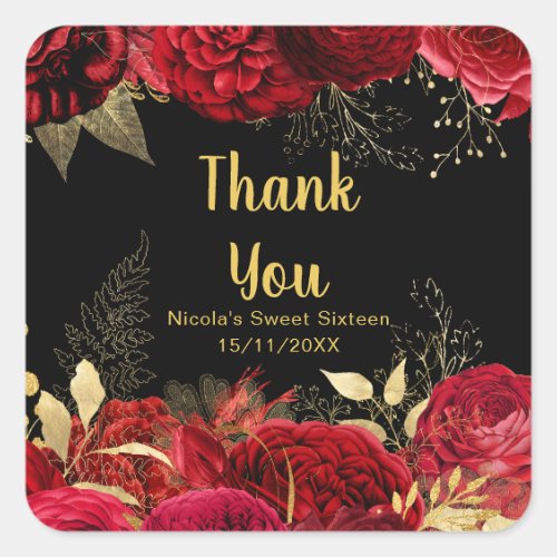 Elegant Red and Gold Flowers Sweet Sixteen Square Sticker