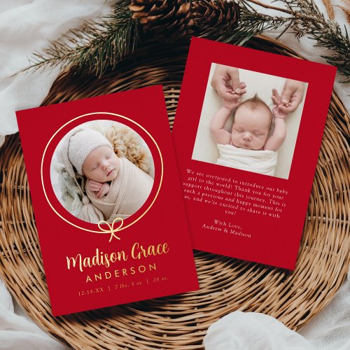 Elegant Red and Gold Foil Bow Birth Announcement