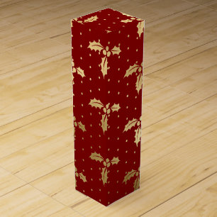Elegant Red and Gold Foil Christmas Holly Pattern Wine Box