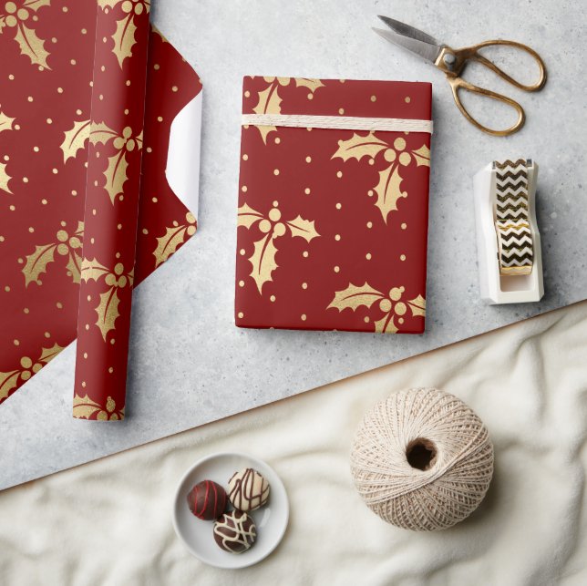 Elegant Red and Gold Foil Christmas Holly Pattern Wrapping Paper (Crafts)