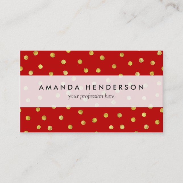 Elegant Red And Gold Foil Confetti Dots Pattern Business Card (Front)