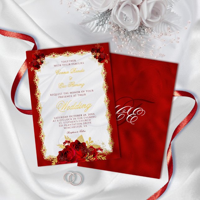 Elegant Red and Gold Foil Floral Wedding Invitation (Creator Uploaded)