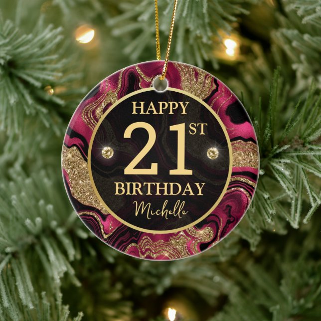 Elegant Red and Gold Glitter Agate Birthday Ceramic Ornament (Tree)