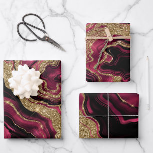 Elegant Red and Gold Glitter Agate Birthday Wrapping Paper Sheets