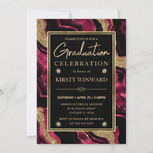 Elegant Red and Gold Glitter Agate Graduation Invitation