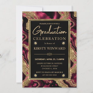 Elegant Red and Gold Glitter Agate Graduation Invitation