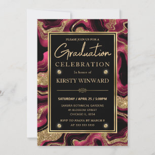 Elegant Red and Gold Glitter Agate Graduation Invitation