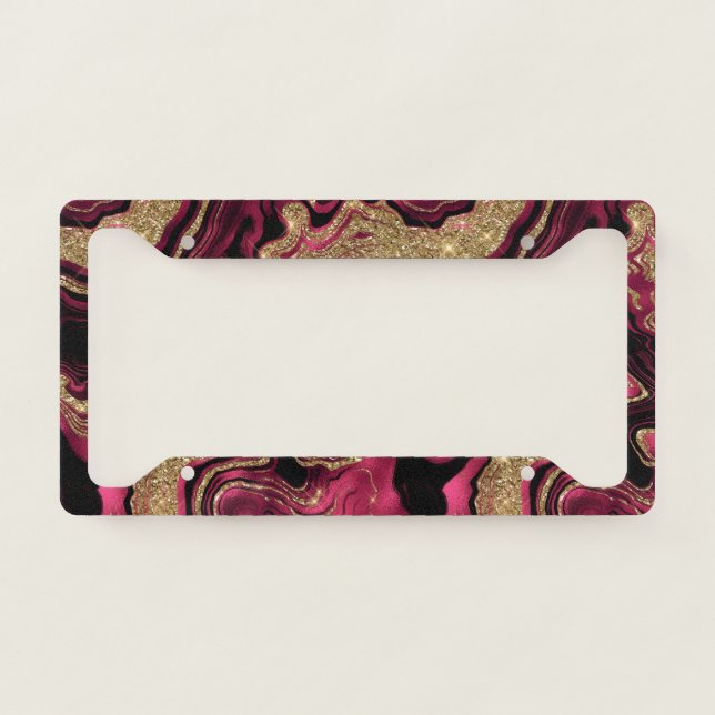 Elegant Red and Gold Glitter Agate Pattern License Plate Frame (Front)