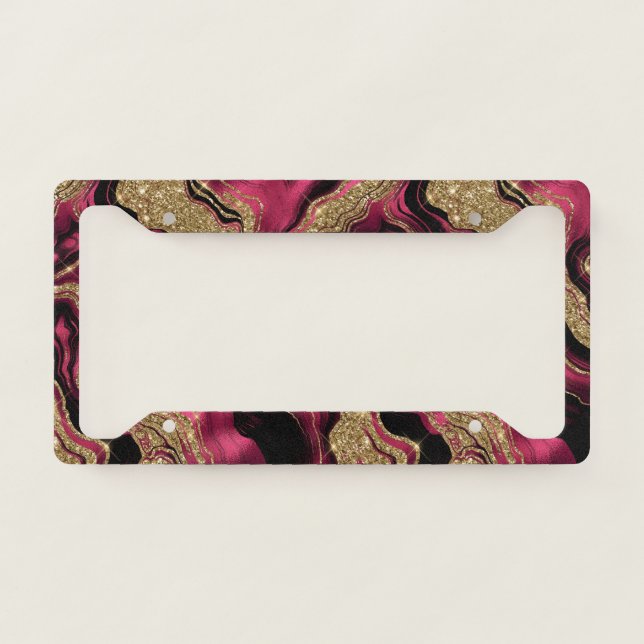 Elegant Red and Gold Glitter Agate Pattern License Plate Frame (Front)