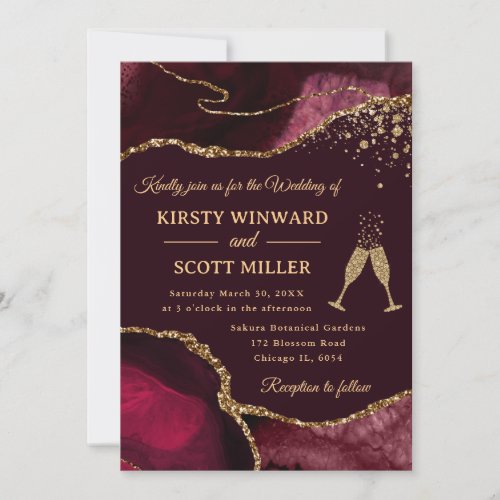 Elegant Red and Gold Glitter Agate Wedding Invitation