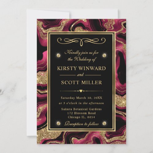 Elegant Red and Gold Glitter Agate Wedding Invitation