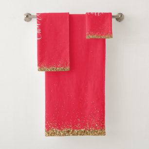 Elegant Red and Gold Glitter Girly Bath Towel Set