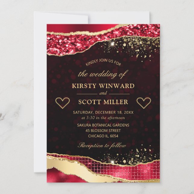 Elegant Red and Gold Glitter Glam Tears Wedding Invitation (Front)