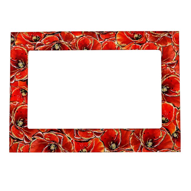 Elegant Red and Gold Glitter Remembrance Poppies Magnetic Frame (Front)
