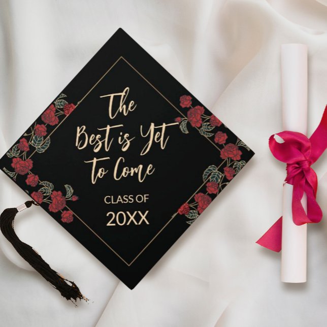 Elegant Red and Gold  Graduation Cap Topper (Flowers Red Gold Frame Luxury Graduation #graduationcap #inspirationalquotescaptopper #textcap )