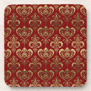Elegant Red and Gold Hearts Valentine's Damask Beverage Coaster