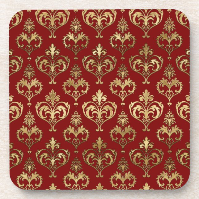 Elegant Red and Gold Hearts Valentine's Damask Beverage Coaster (Front)