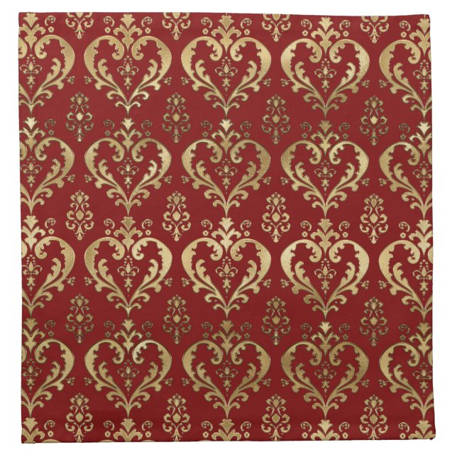 Elegant Red and Gold Hearts Valentine's Damask Cloth Napkin (Front)