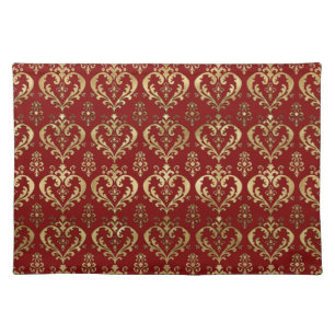 Elegant Red and Gold Hearts Valentine's Damask Cloth Placemat